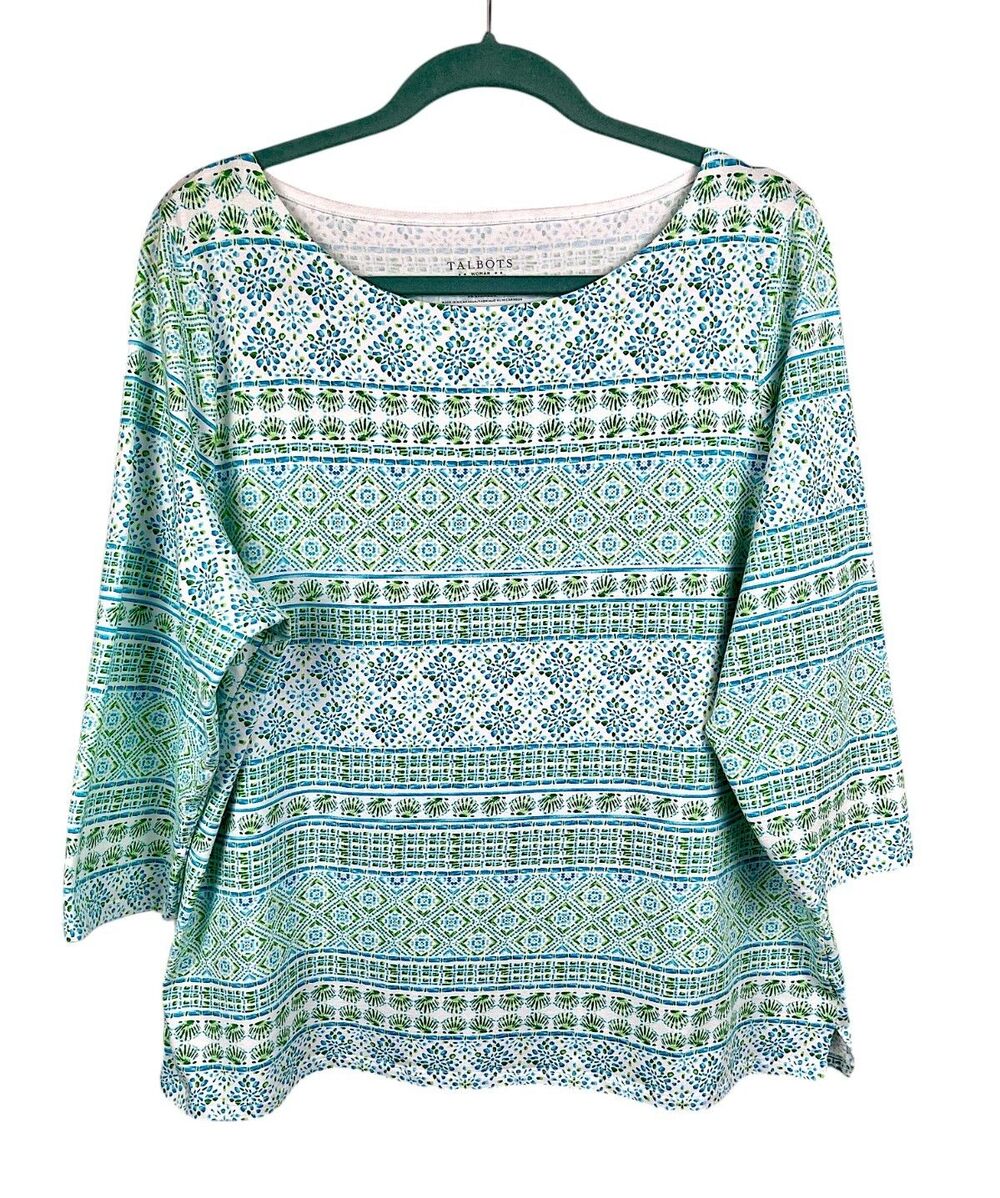 Talbots Boat Neck Tee Blue Green Geometric Print 3/4 Sleeve Cotton Coastal 2X